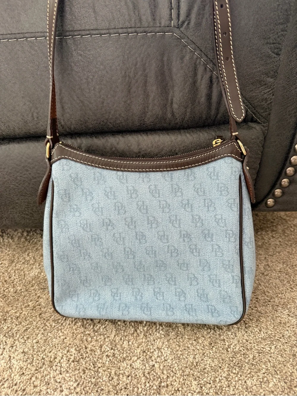 Dooney & Bourke Blue Denim Monogram Crossbody Bag Brown Leather Tassels
